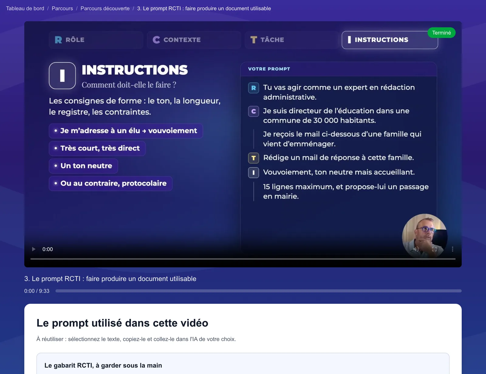 Un module de la plateforme : la vidéo « Le prompt RCTI » et, dessous, la fiche avec le prompt à réutiliser.